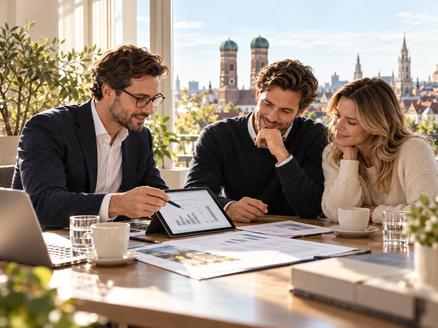 Finanzierungsberatung mit Unterlagen und Blick auf München