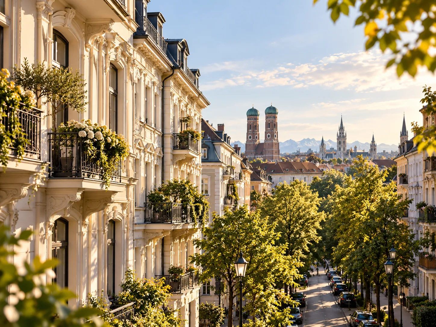 Münchner Altbauten im warmen Abendlicht als Symbol für den Immobilienkauf in München