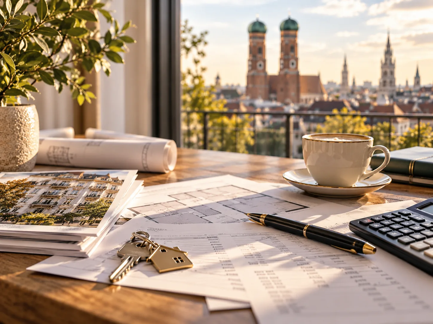 Unterlagen zur Immobilienplanung vor stimmungsvollem Münchner Abendlicht